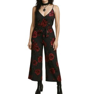 Ettitwa By Anthropologie Whimsigoth Witchy Red Velvet Burnout Wide Leg Romper‎ S
